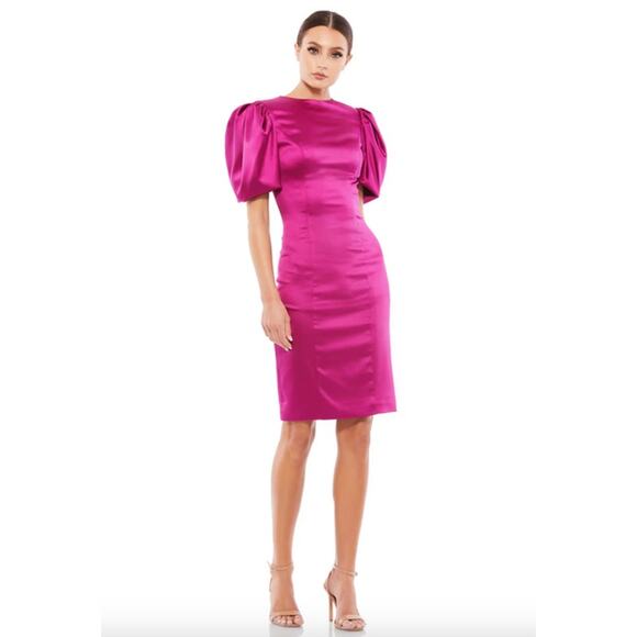 MAC DUGGAL Dress Size 0 Evening Gown Satin NEW Mini Puff Sleeves Pink Purple - Picture 1 of 7